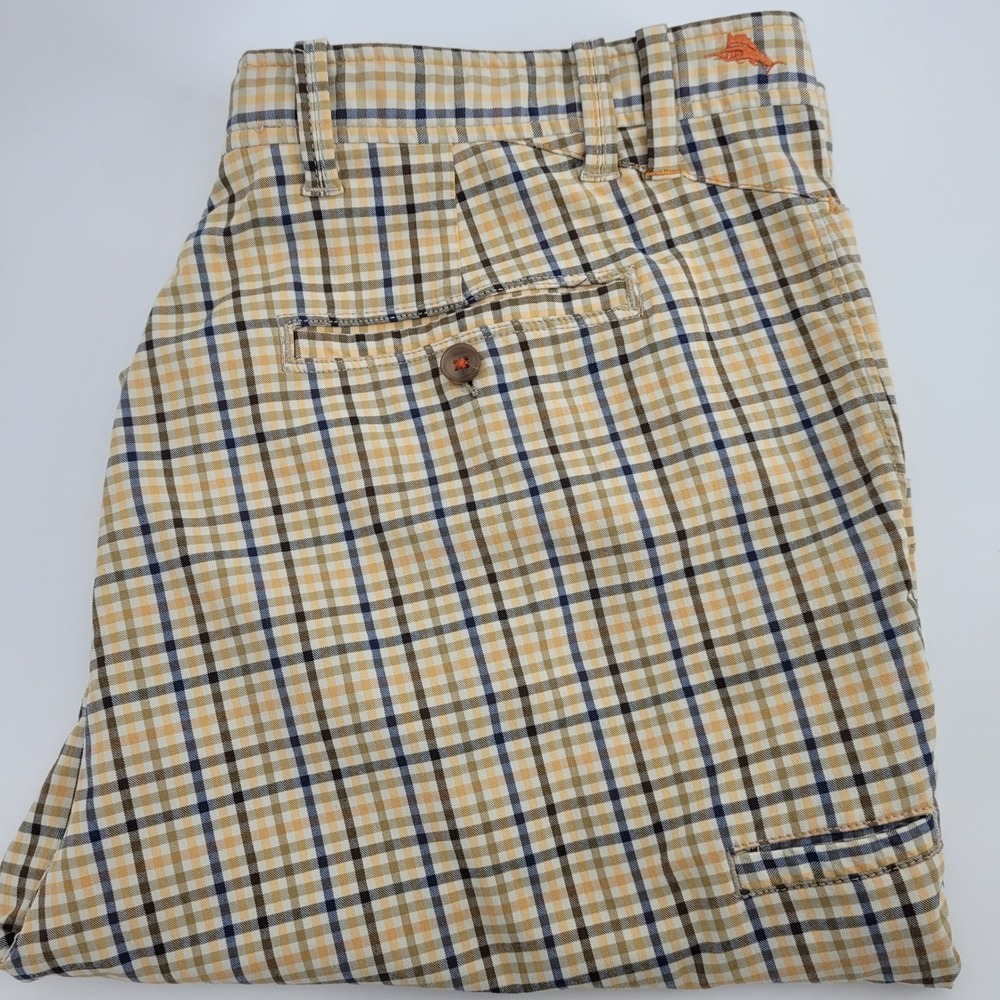 Tommy Bahama Mens 38‎ Plaid Tech Shorts Tan Blue Orange Stretch Marlin Golf